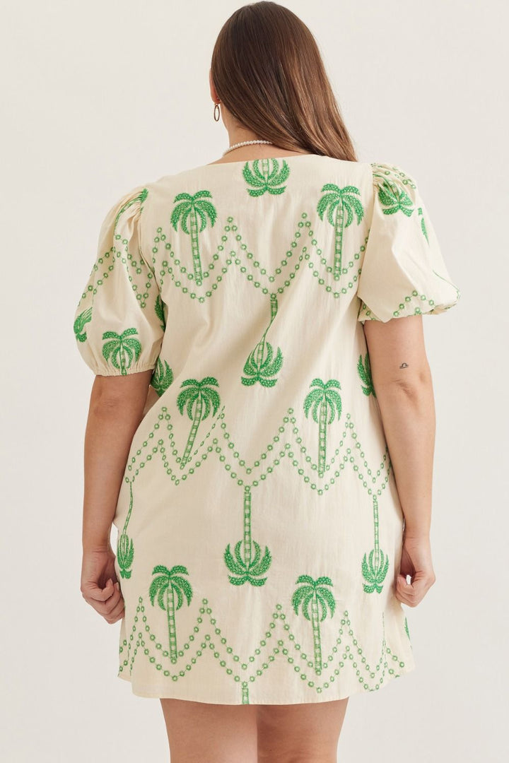 Entro plus size ecru button front short dress with green embroidery palm trees 