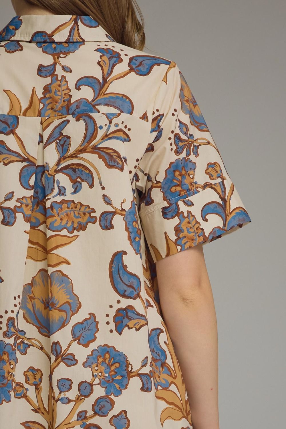Entro ecru, blue and tan floral print button front poplin midi dress with tiered detail in back