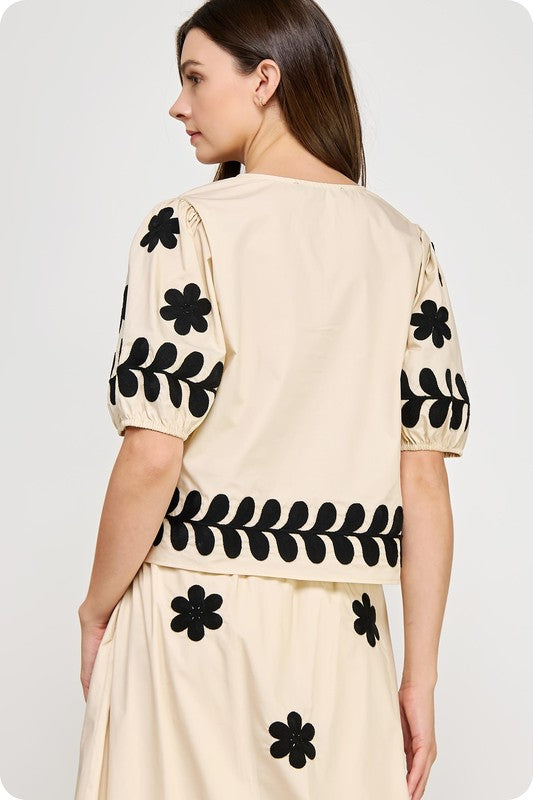 Women's ecru floral print poplin Summer top by Strut And Bolt showing back view