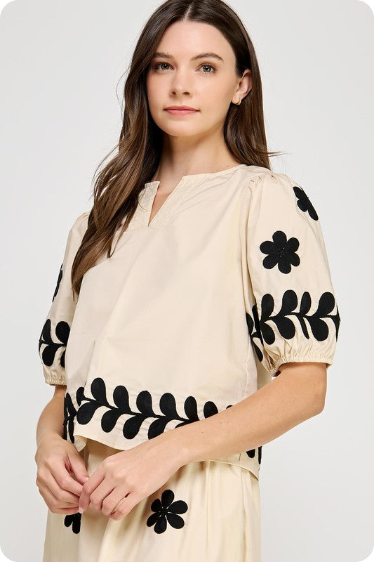 Women's ecru floral print poplin Summer top by Strut And Bolt showing side view