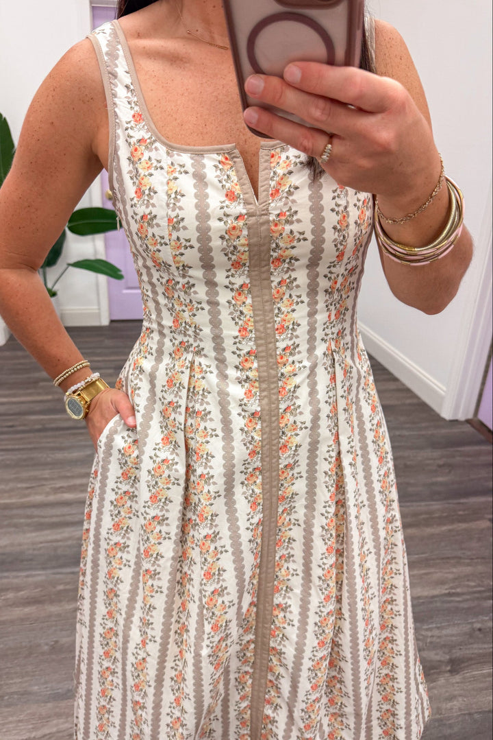 ecru with orange and taupe floral trellis stripes square neckline sleeveless pleated midi dress