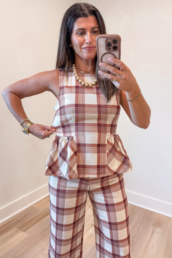 ecru peach and terracotta plaid print sleeveless peplum hem lightweight twill denim top
