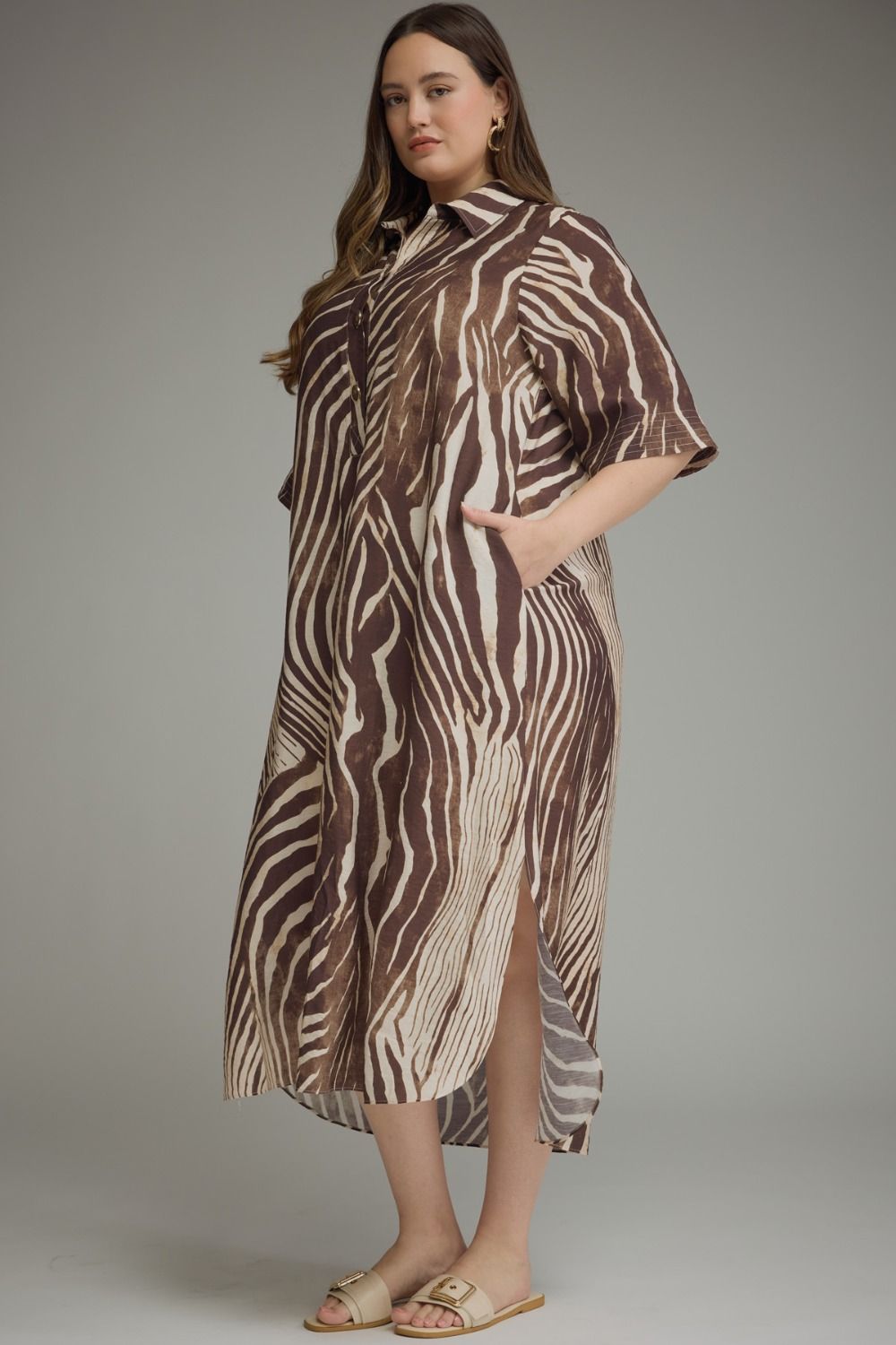 Entro Plus Size Brown and Ecru Abstract Zebra Print Midi Dress with side slits