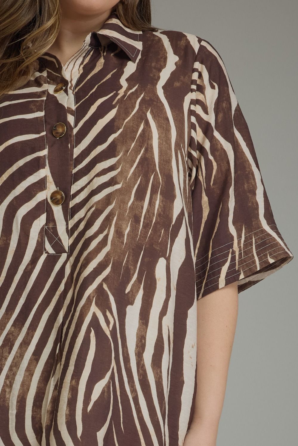 Entro Plus Size Brown and Ecru Abstract Zebra Print Midi Dress with a Collar