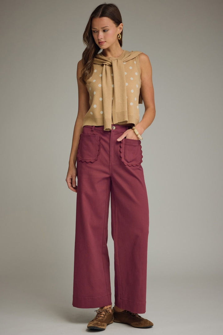 Entro twill denim wide leg pants with scalloped details in burgundy