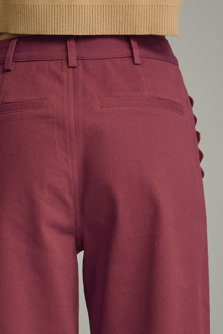 Entro burgundy twill denim wide leg pants with scalloped details with flattering fit