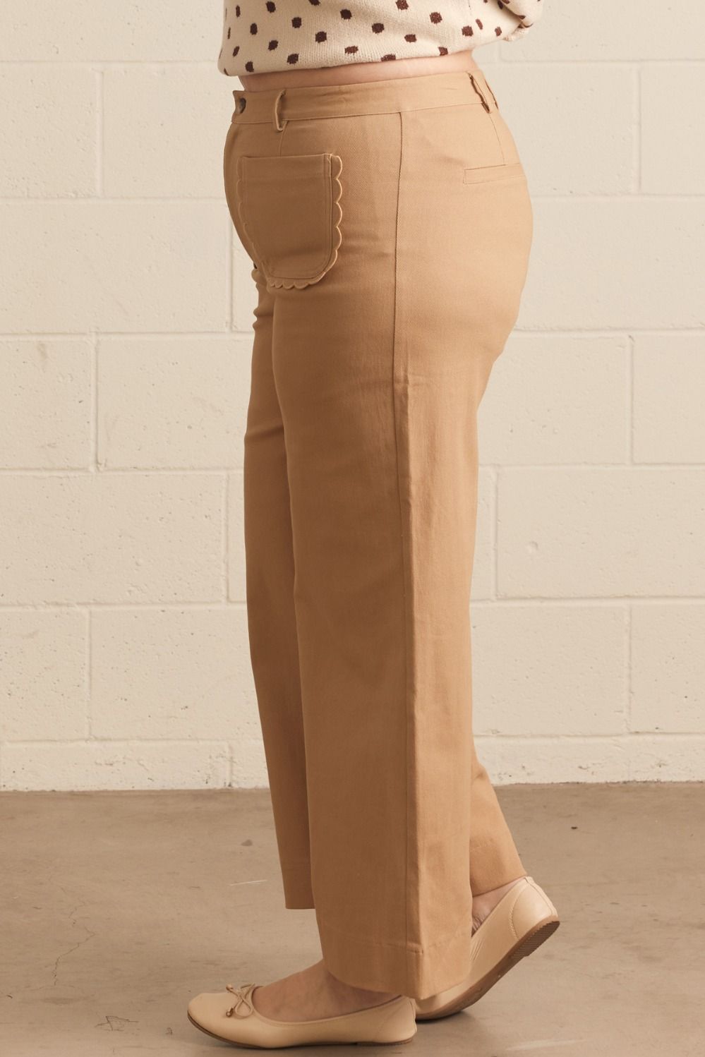 Entro plus size caramel twill denim wide leg pants with scalloped details and belt loops