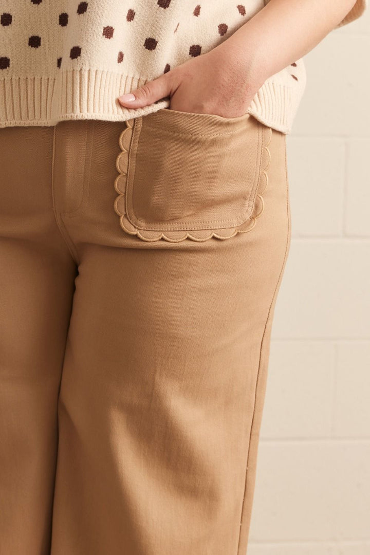 Entro plus size caramel twill denim wide leg pants with scalloped details and button zipper closure