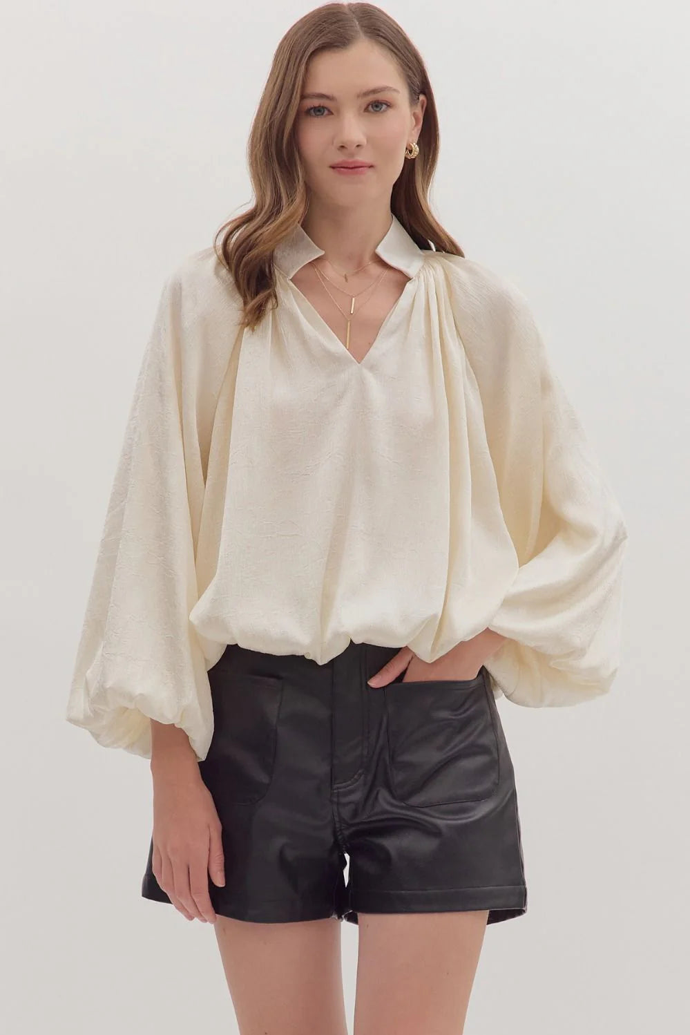 women's satin cream bubble hem dressy top