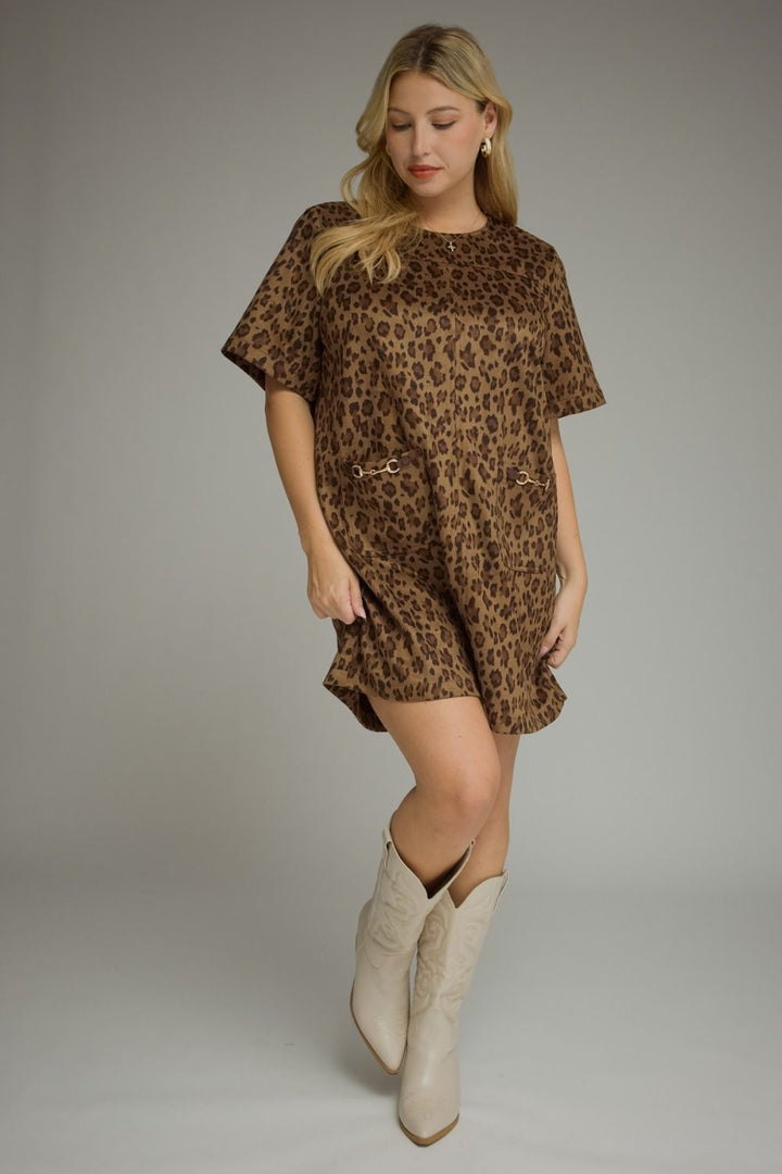 plus size brown leopard print with gold accent details short sleeve relaxed silhouette mini dress