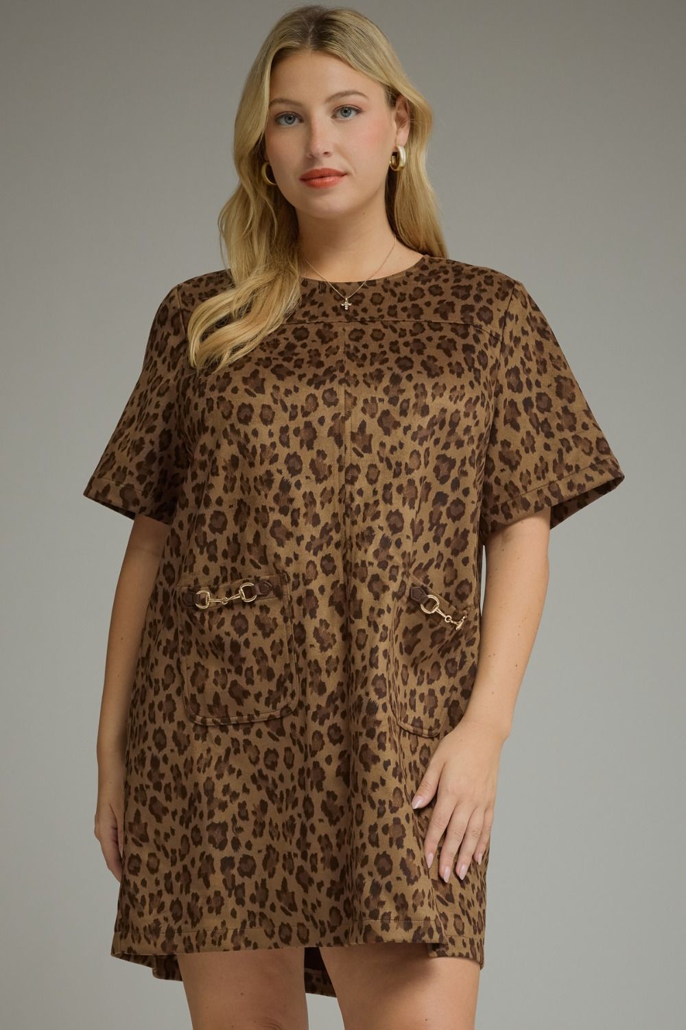 plus size brown leopard print with gold accent details short sleeve round neckline mini dress