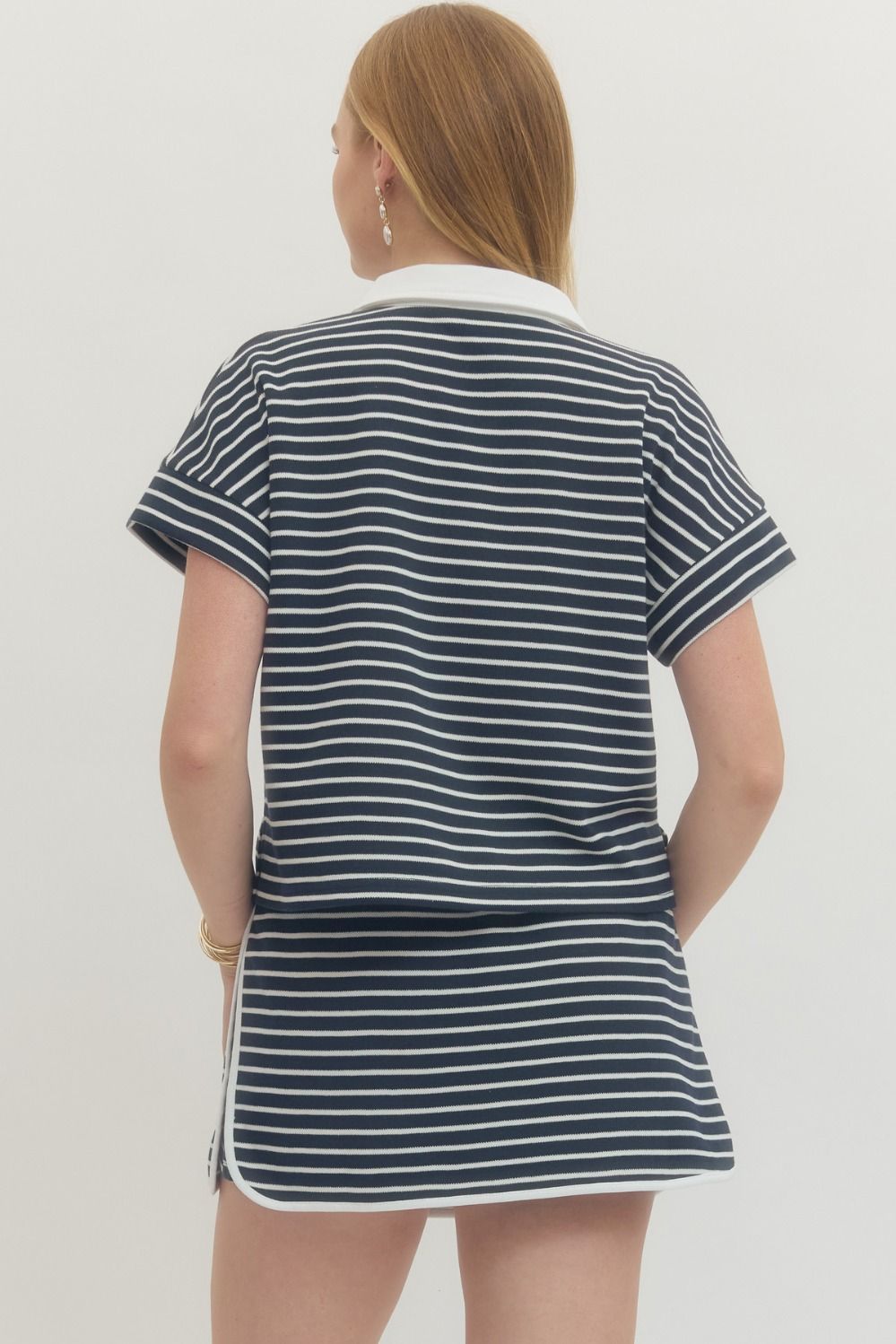 navy white stripe collar top