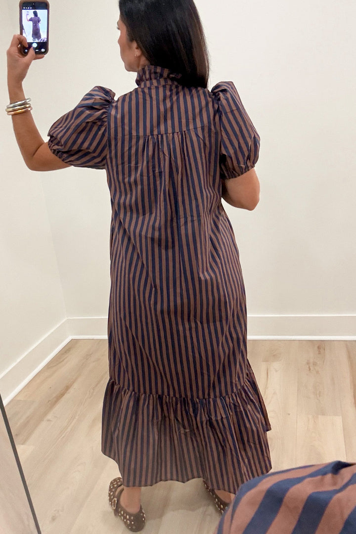 entro navy and tan striped midi dress back