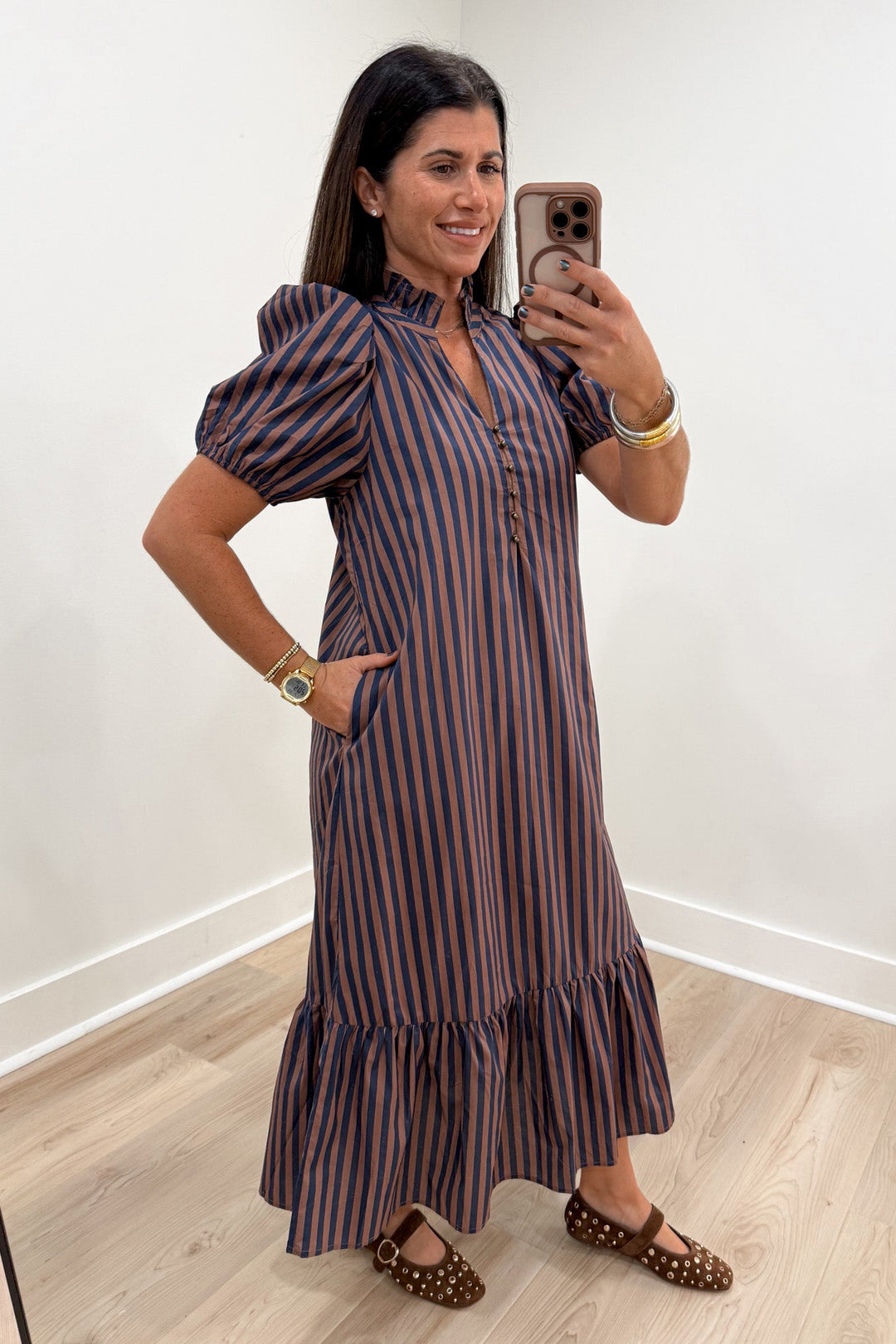 entro navy and tan striped midi dress for fall