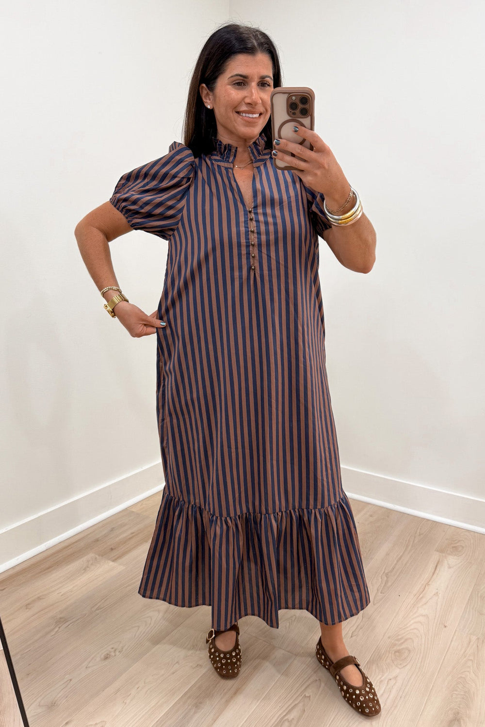 entro navy and tan striped midi dress women's