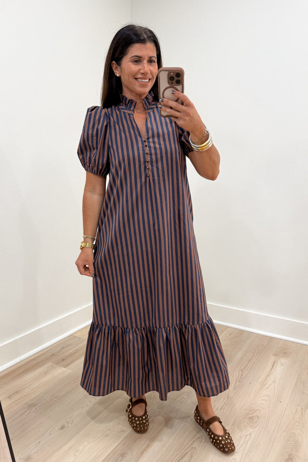 entro navy and tan striped midi dress