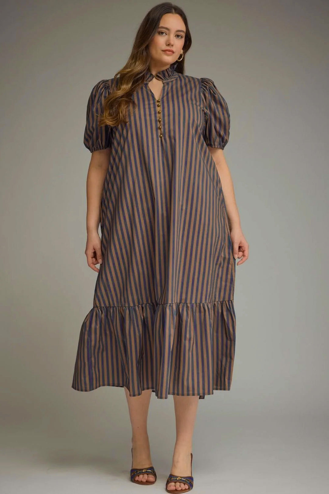 entro plus size navy tan striped midi dress