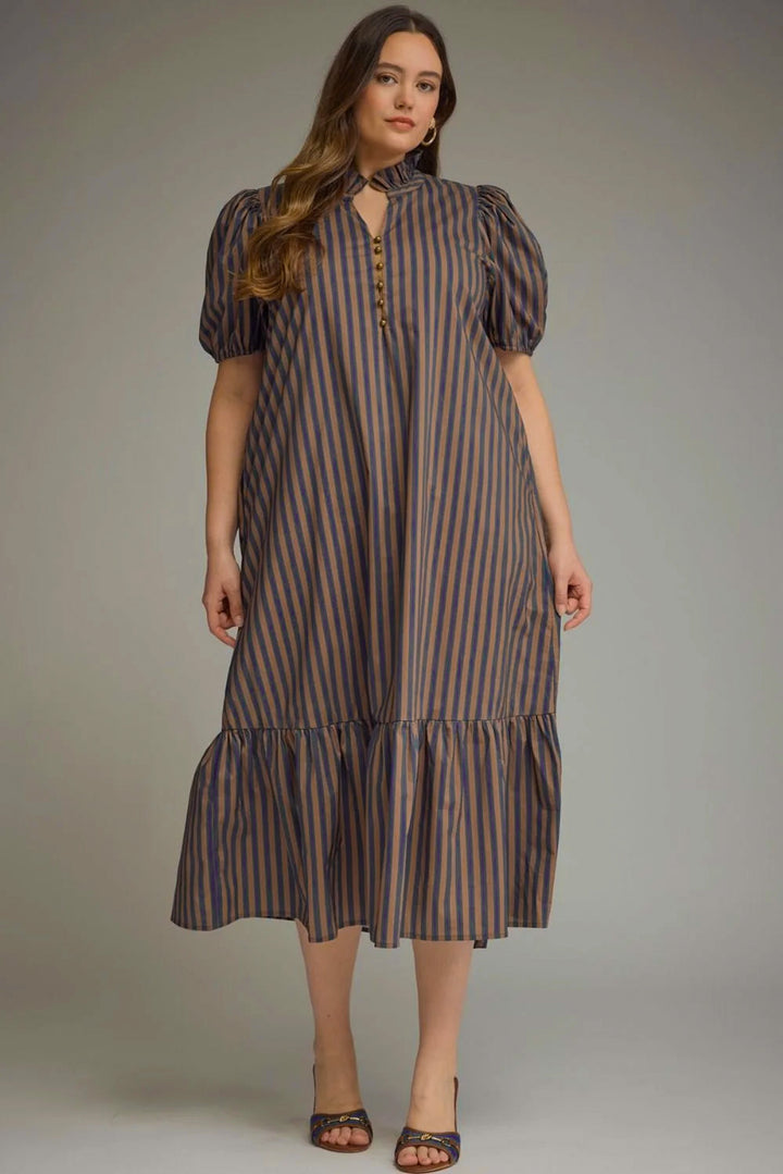 entro plus size navy tan striped midi dress