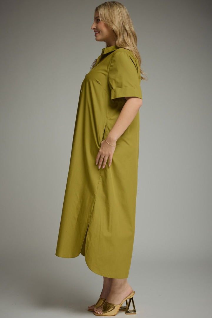 Entro olive green plus size midi dress with gold decorative snap bodice, a collar and side pockets