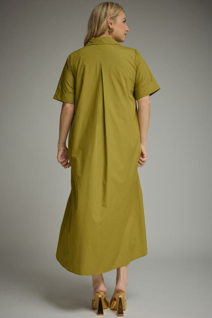 Entro olive green plus size midi dress with gold decorative snap bodice and collar in a flattering fit
