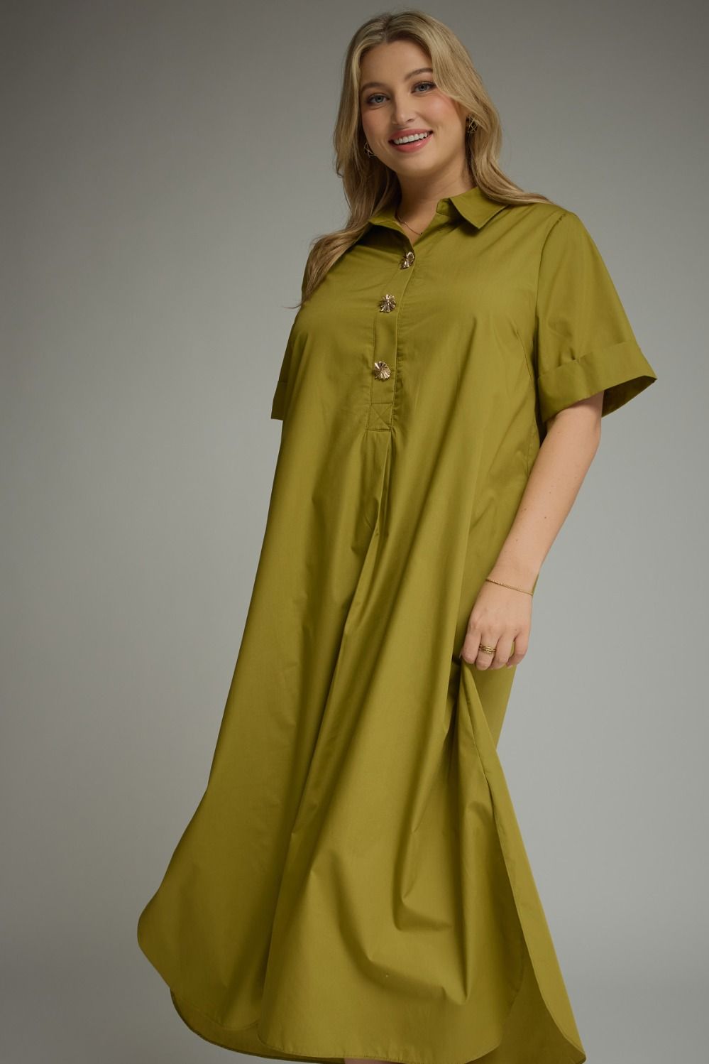 Entro plus size olive green midi dress with gold decorative snap bodice and collar