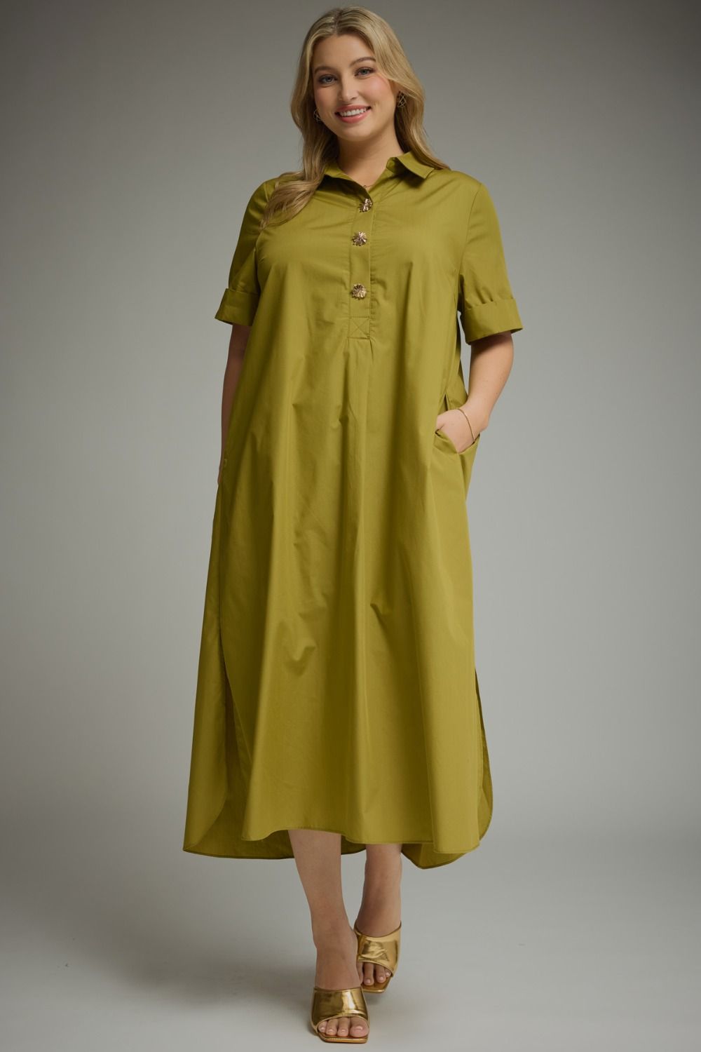 Entro olive green midi dress with gold decorative snap bodice and collar in plus size