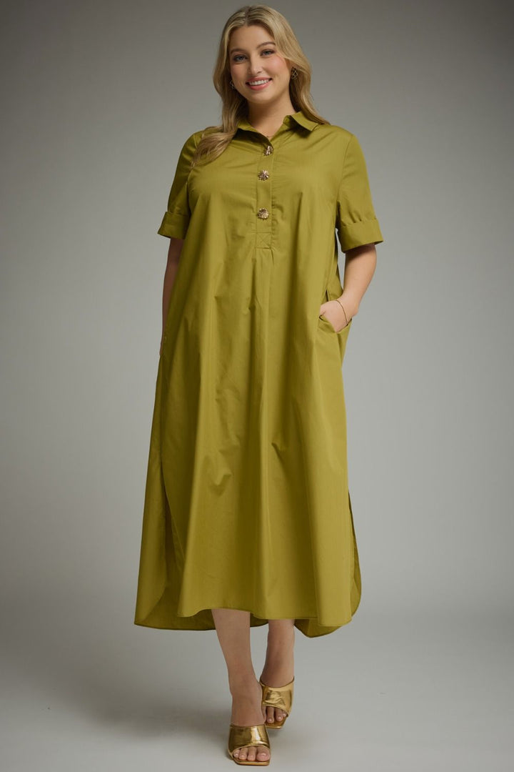 Entro olive green midi dress with gold decorative snap bodice and collar in plus size