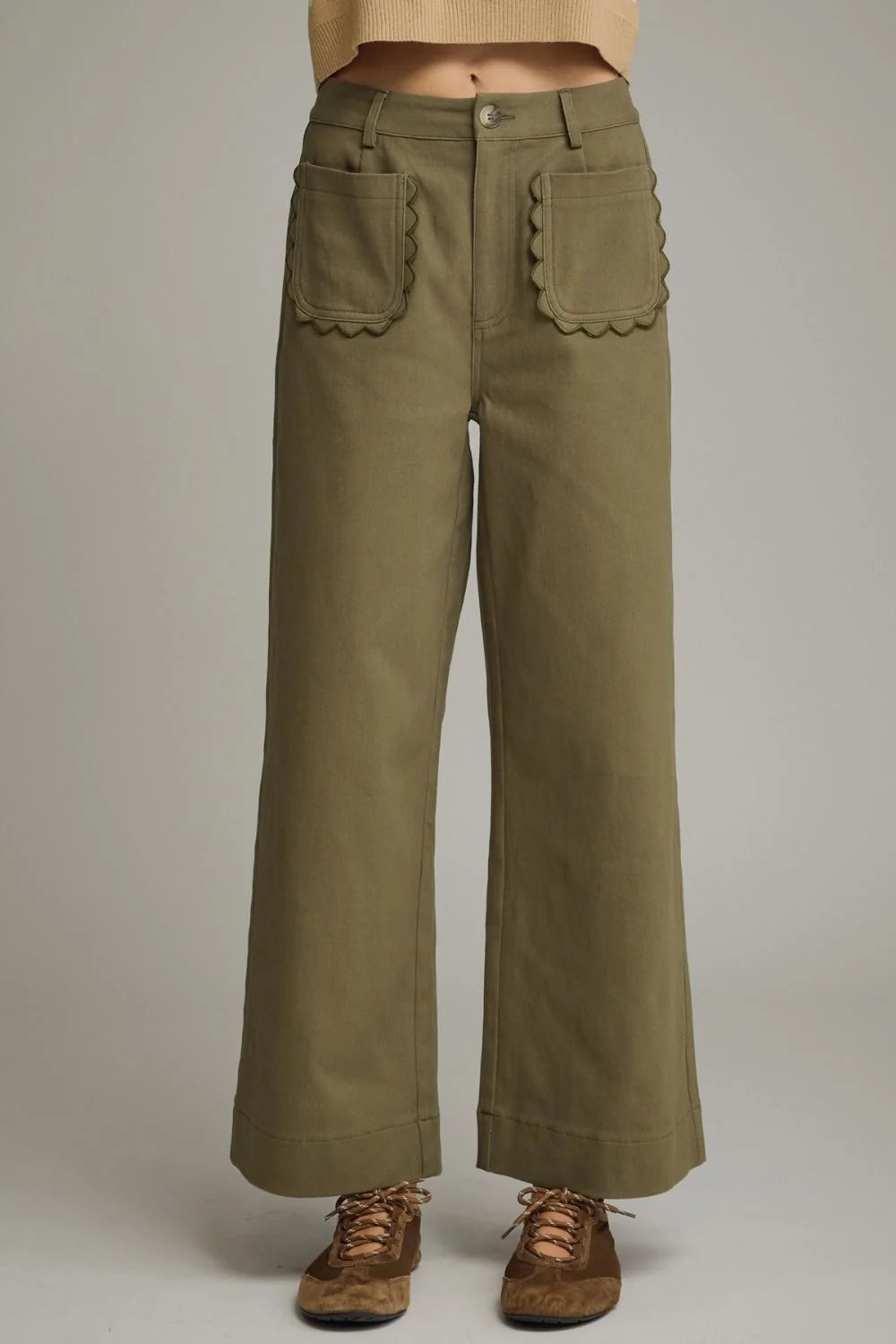 Entro twill denim wide leg pants with scalloped pockets in olive