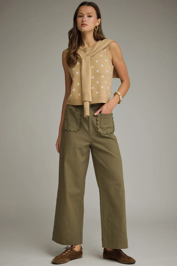 Entro twill denim wide leg pants with scalloped details in olive