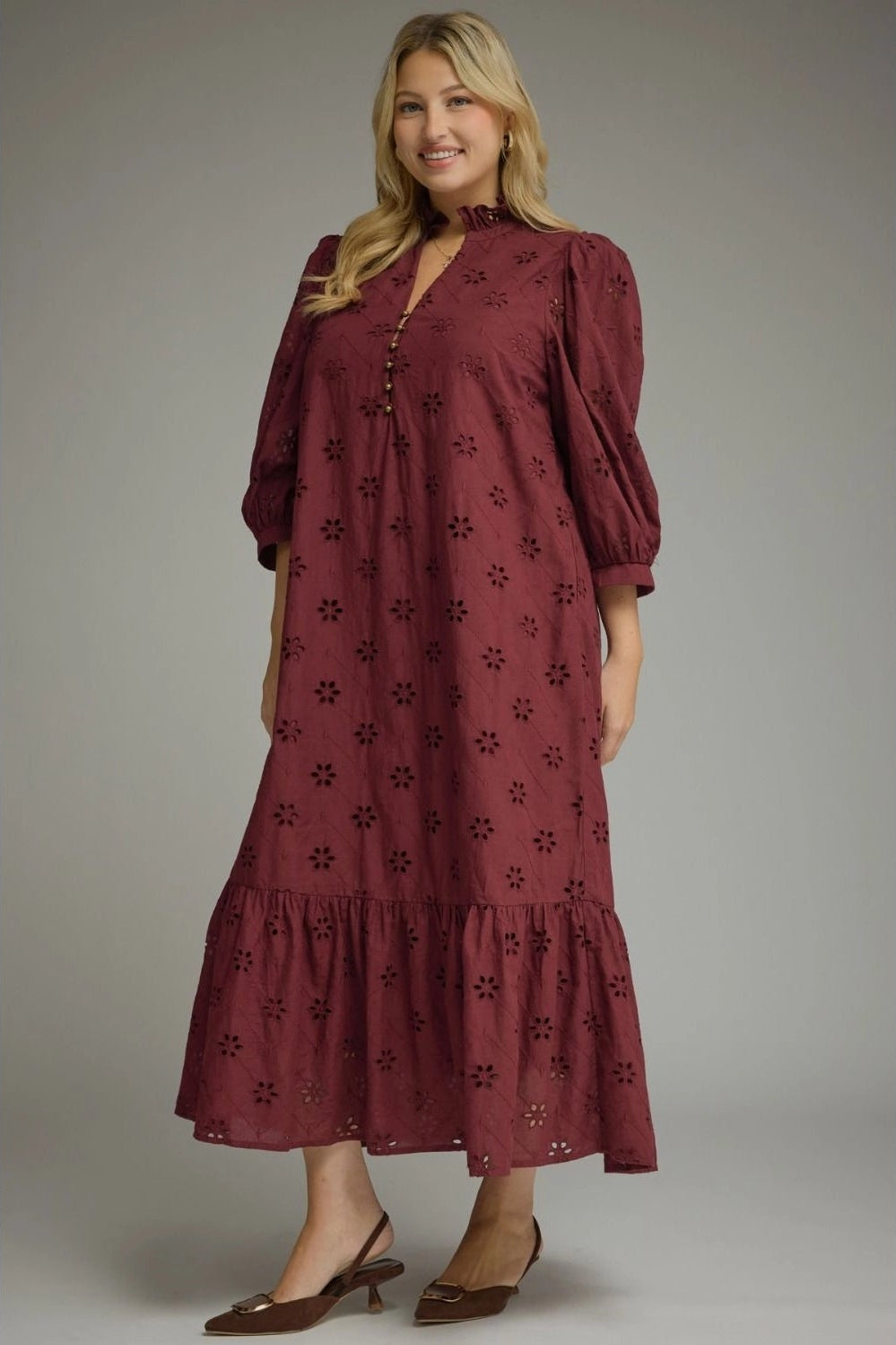 entro plus size burgundy eyelet midi dress