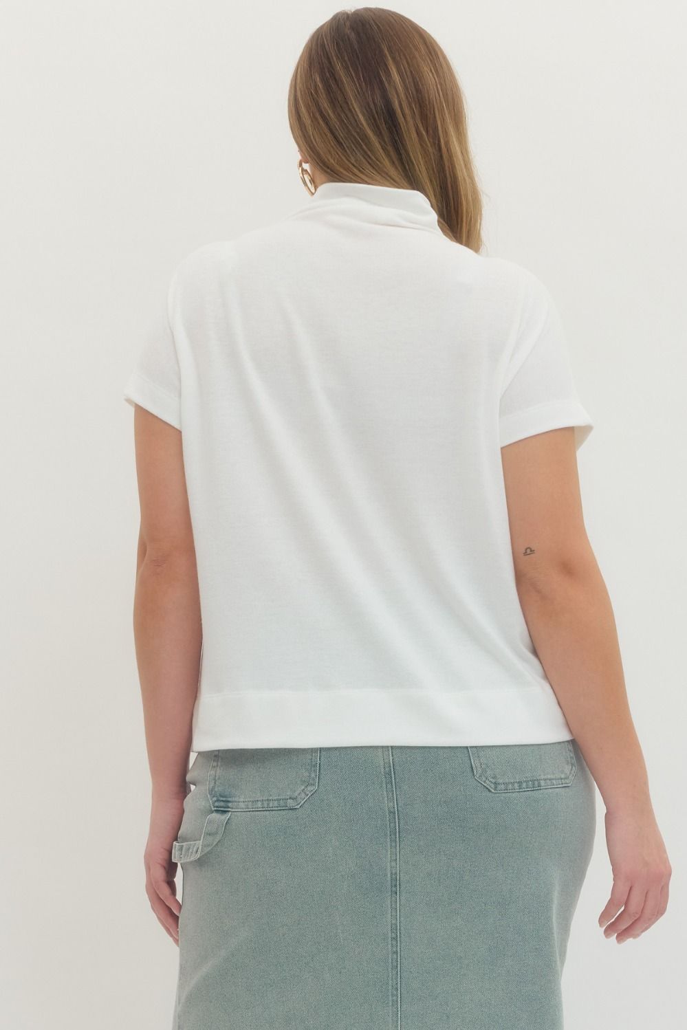off white short capped sleeve mock neck semi-cropped lightweight knit top plus size back view