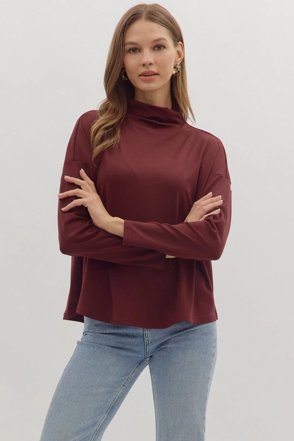 entro solid burgundy mock neck layering tee full