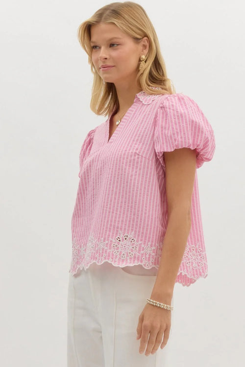 entro pink stripe eyelet top