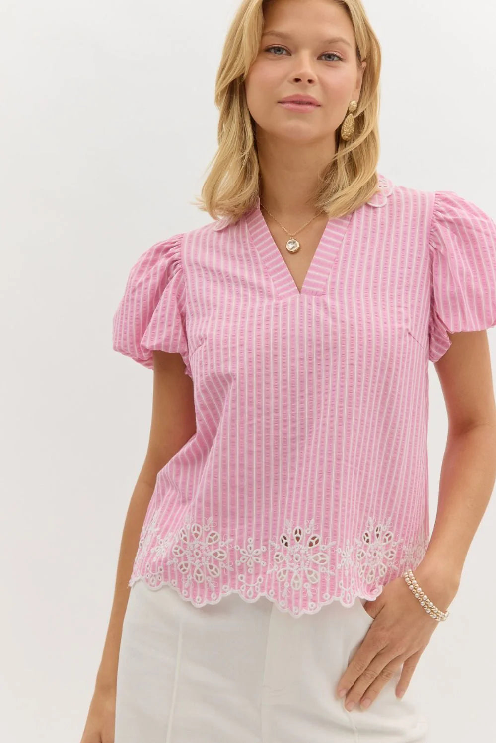 entro pink stripe eyelet top
