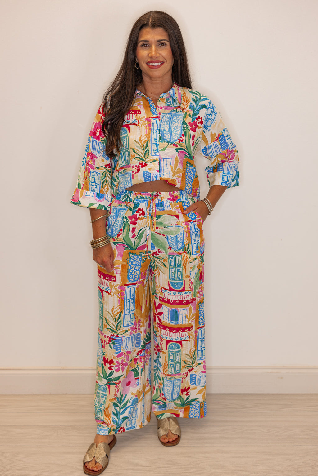 tropical printed matching pants set