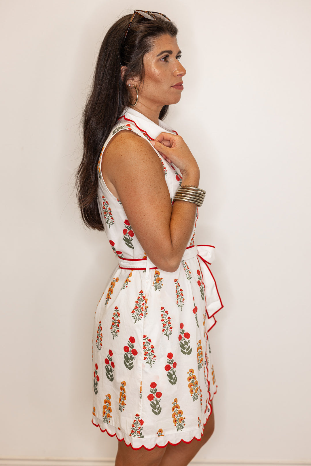 red orange floral scalloped trim white summer dress