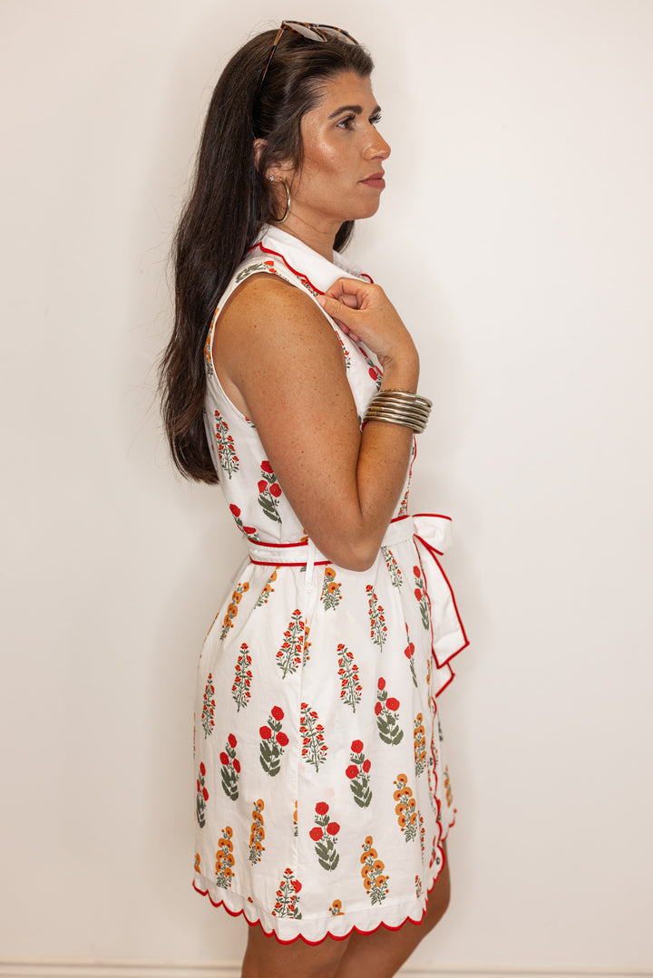 red orange floral scalloped trim white summer dress