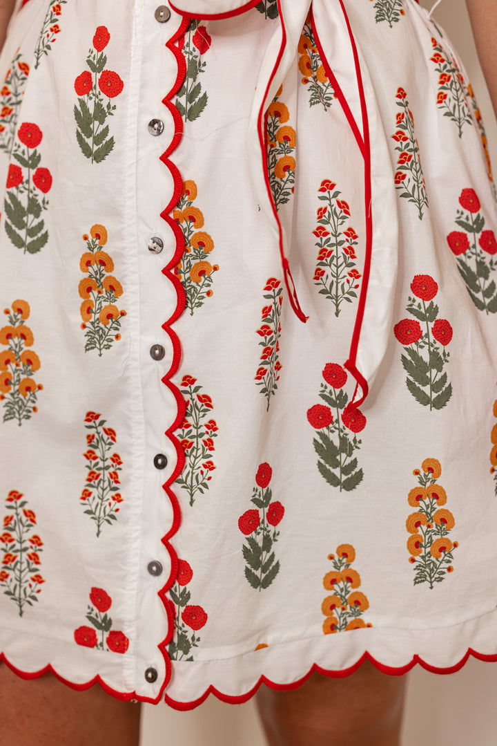 red orange floral scalloped trim white summer dress