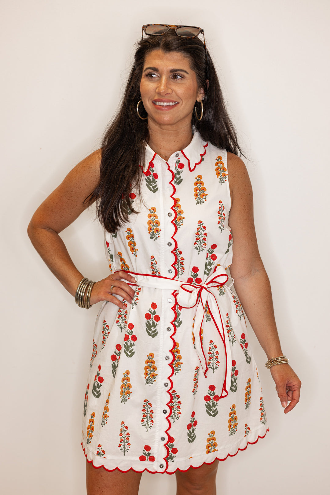 red orange floral scalloped trim white summer dress