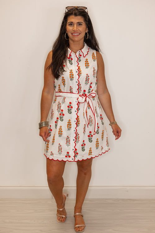 red orange floral scalloped trim white summer dress