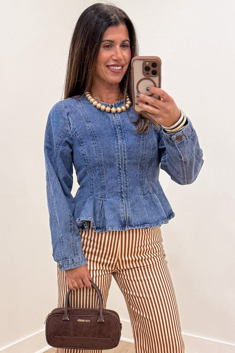 solid faded blue denim long sleeve round neckline peplum hem semi-cropped jacket top