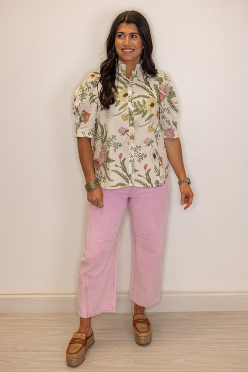 pink cotton denim barrel leg jeans