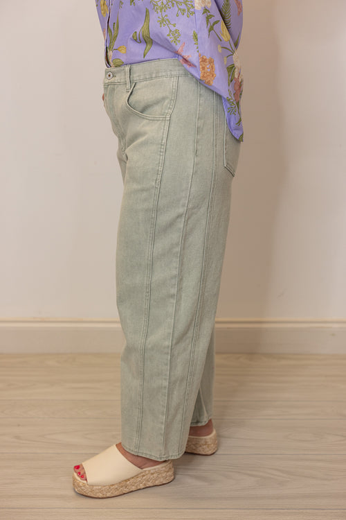 faded sage denim barrel jeans