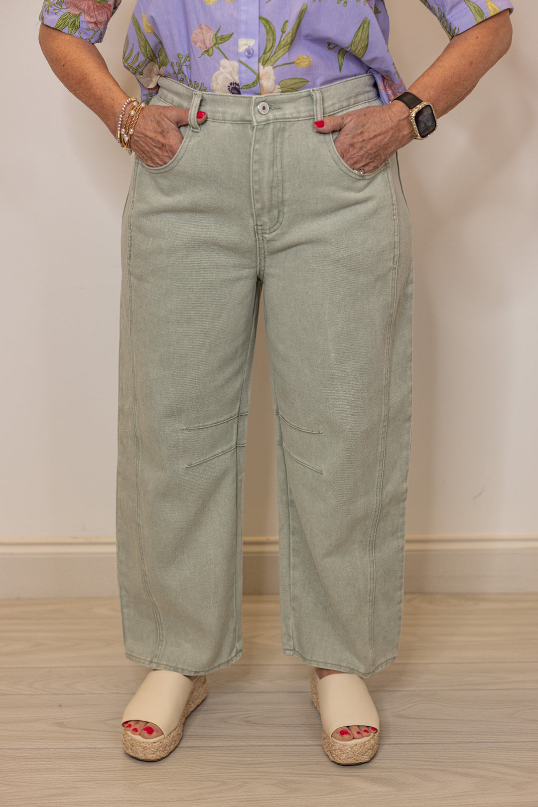 faded sage denim barrel jeans