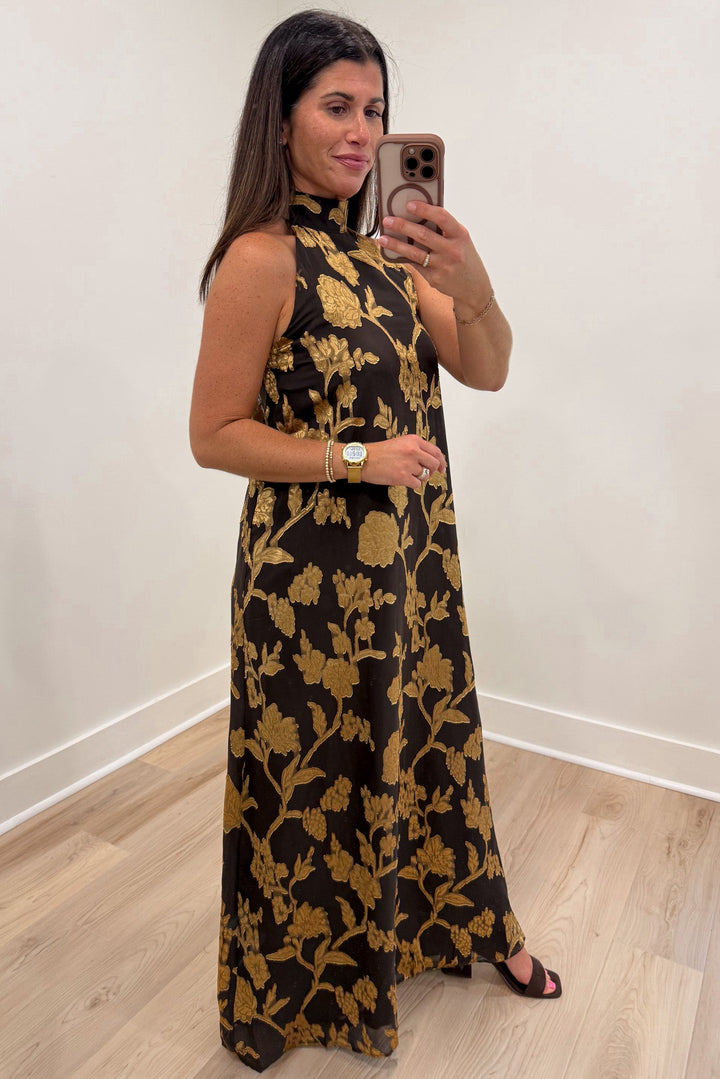 floral jacquard gold brown maxi dress wedding guest dress