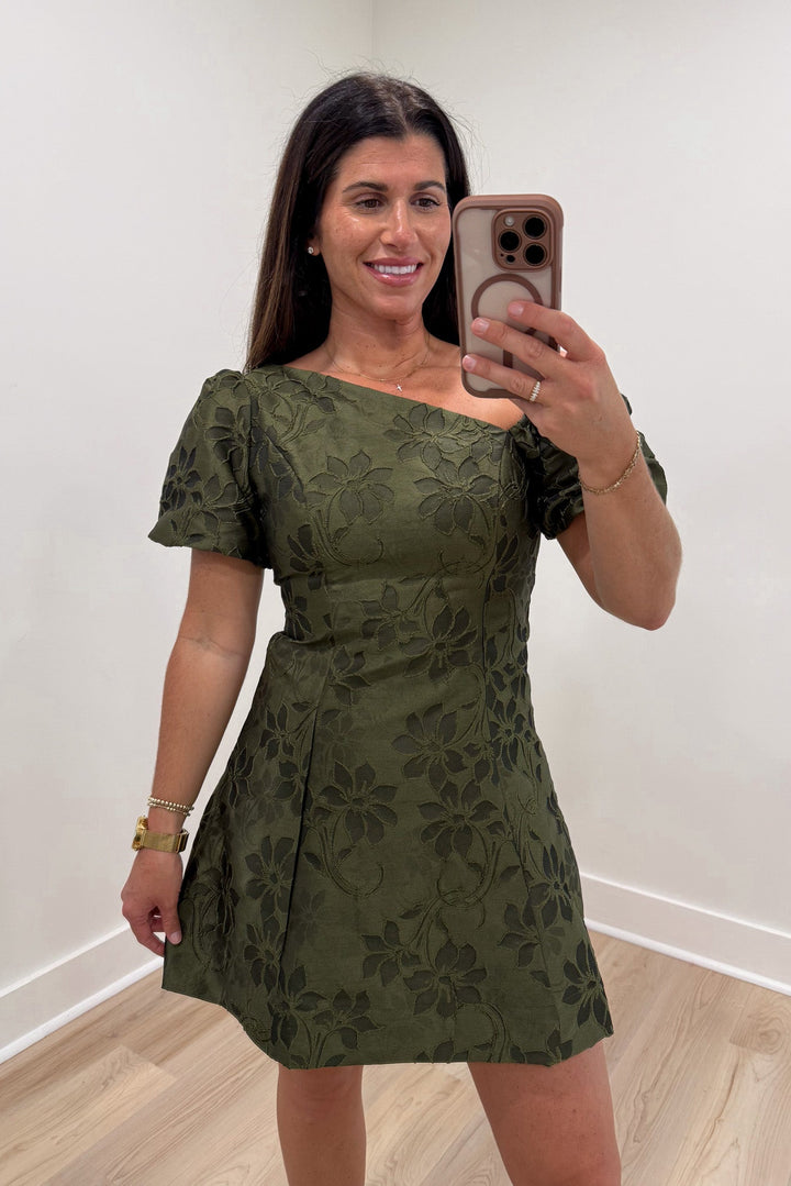 olive floral Jacquard mini dress event wear