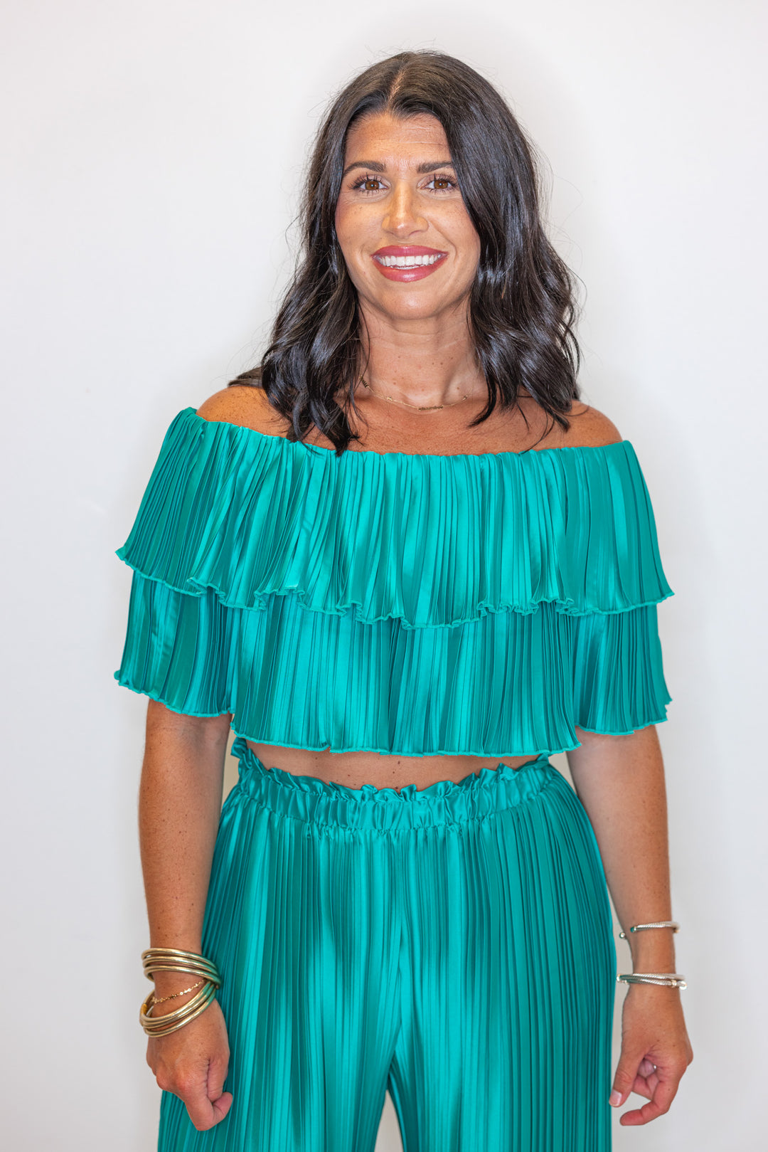 teal satin pleated ruffle cropped top
