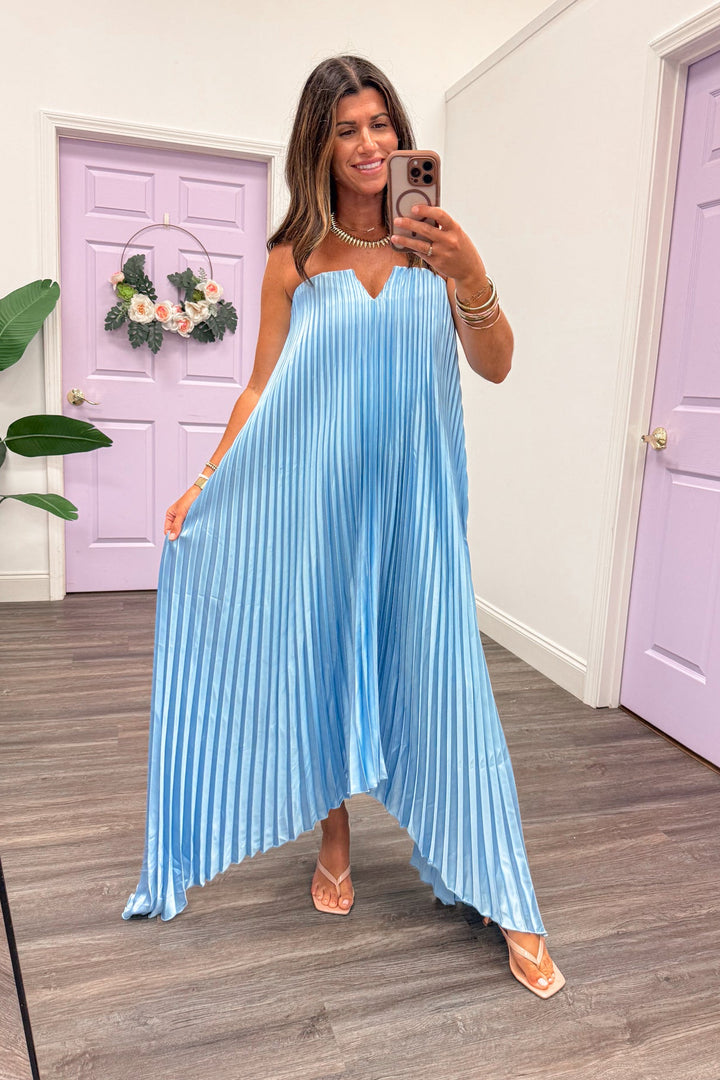 formal light blue satin pleated flowy v neck strapless maxi dress for wedding guest