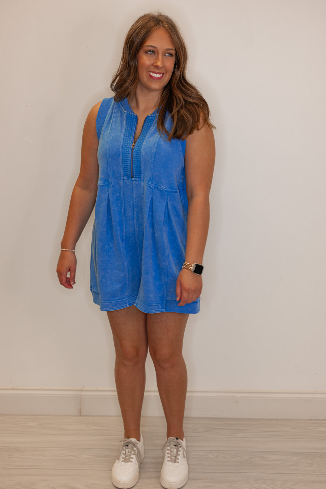 Women's blue french terry knit wide leg zip romper by Veveret showing relaxed fit