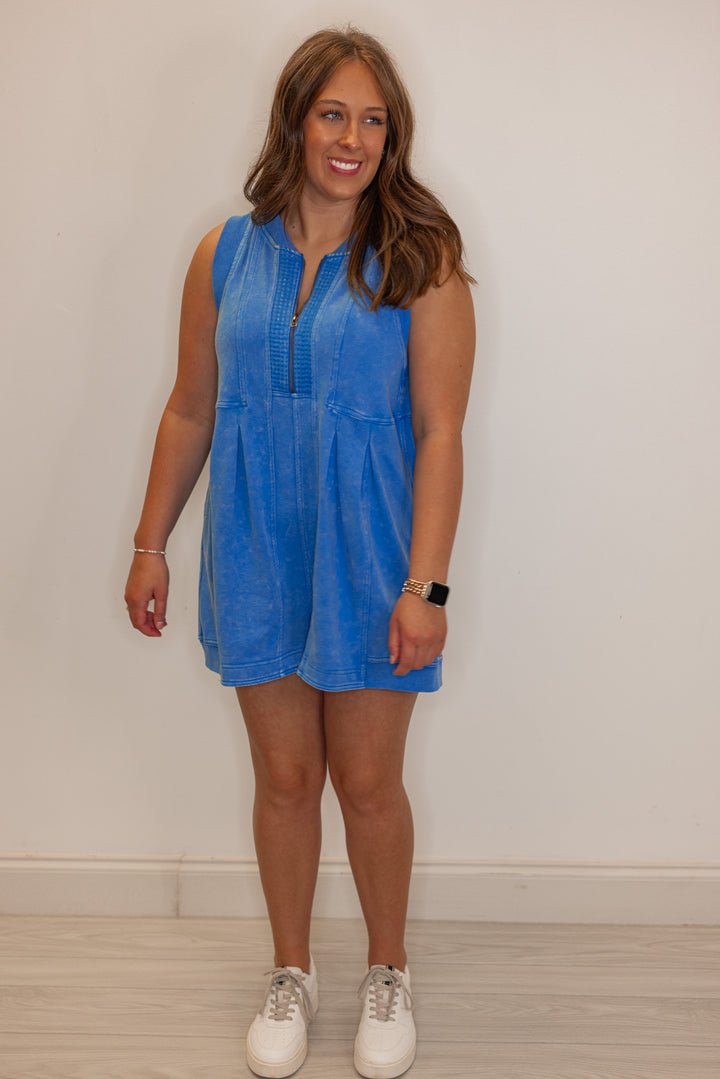 Women's blue french terry knit wide leg zip romper by Veveret showing relaxed fit